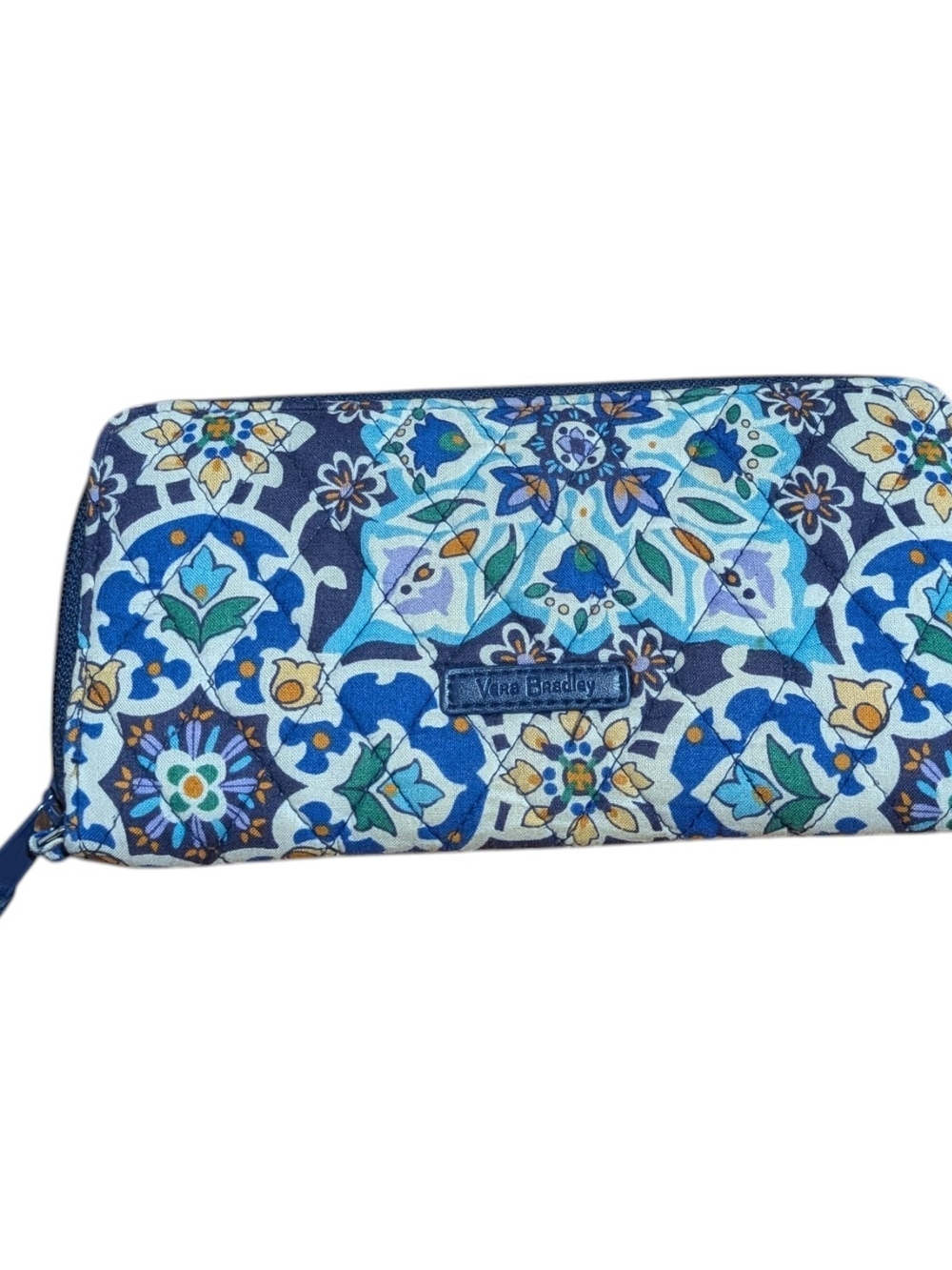 Vera Bradley Blue Mosaic Quilted Zip-Around Wallet with Floral Tiles